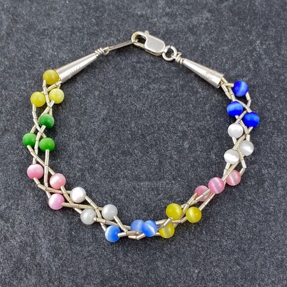 Braided Multi color Cat's Eye Bracelet | Sterling Liquid Silver 925 | 6.75" - Picture 3 of 5